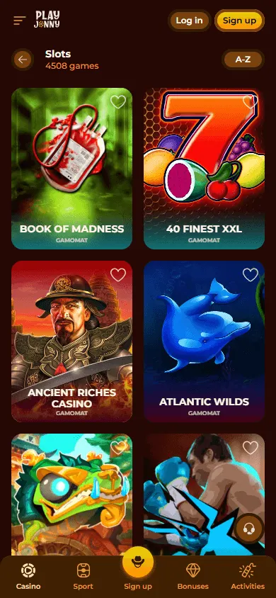 Playjonny Casino games area on a mobile device