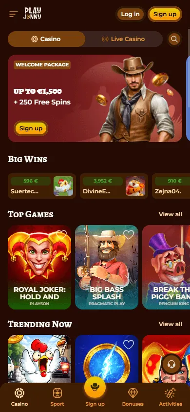 Playjonny Casino home page on a mobile device