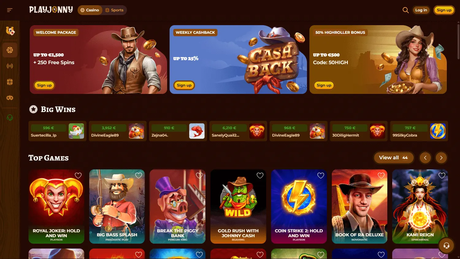 Playjonny Casino home page on desktop