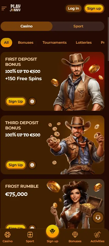 Playjonny Casino promotions area on a mobile device